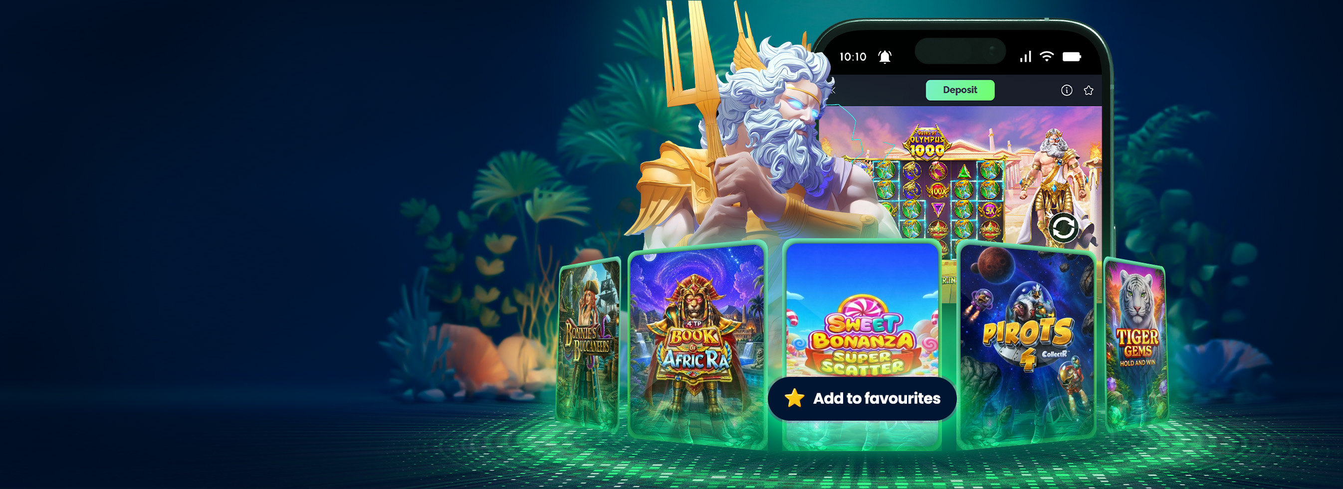 The Pokies casino hero banner with Zeus and featured pokies